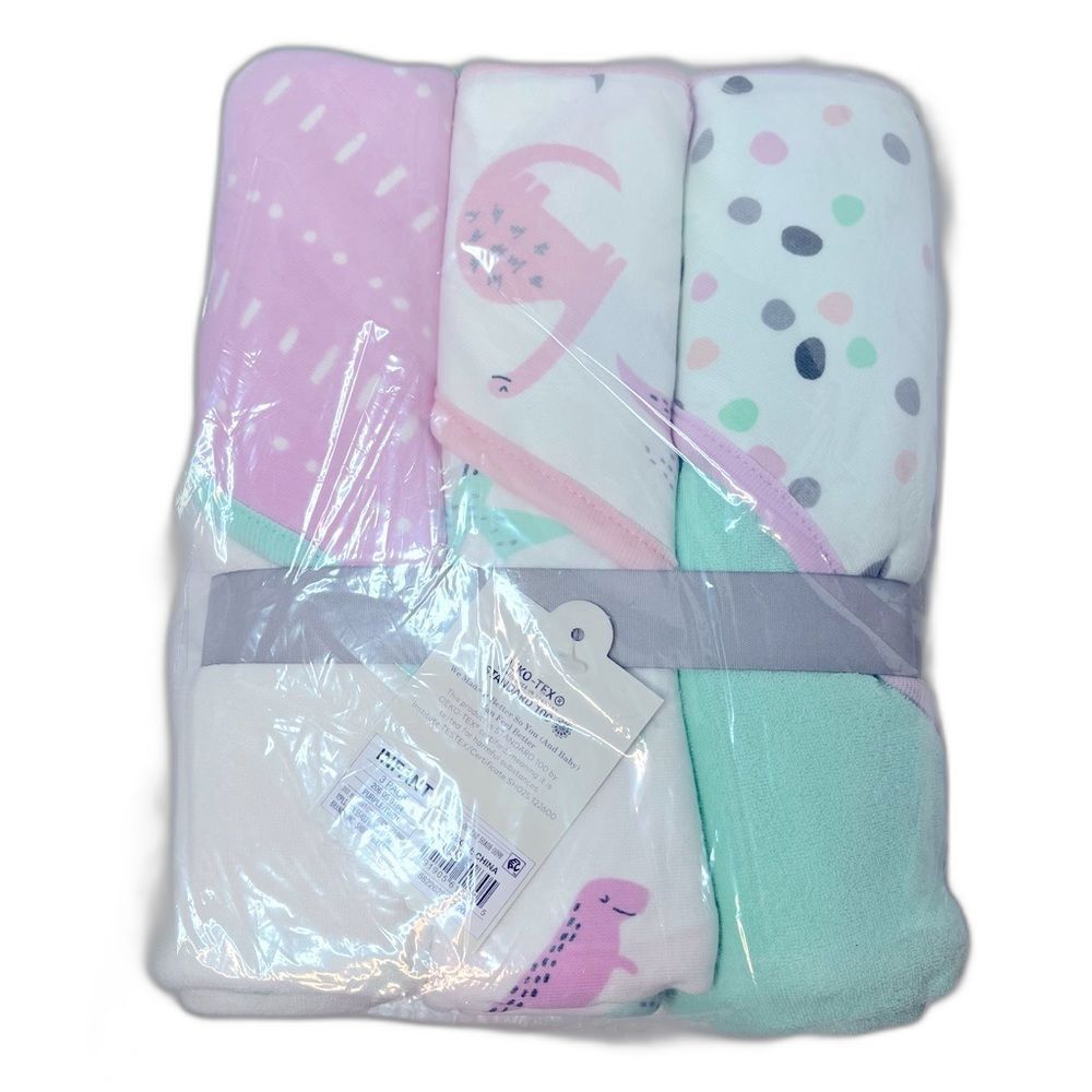 Cloud Island Baby Girls 3-pack Lot Dino Hooded Towels 30” x 30” Multicolor New!